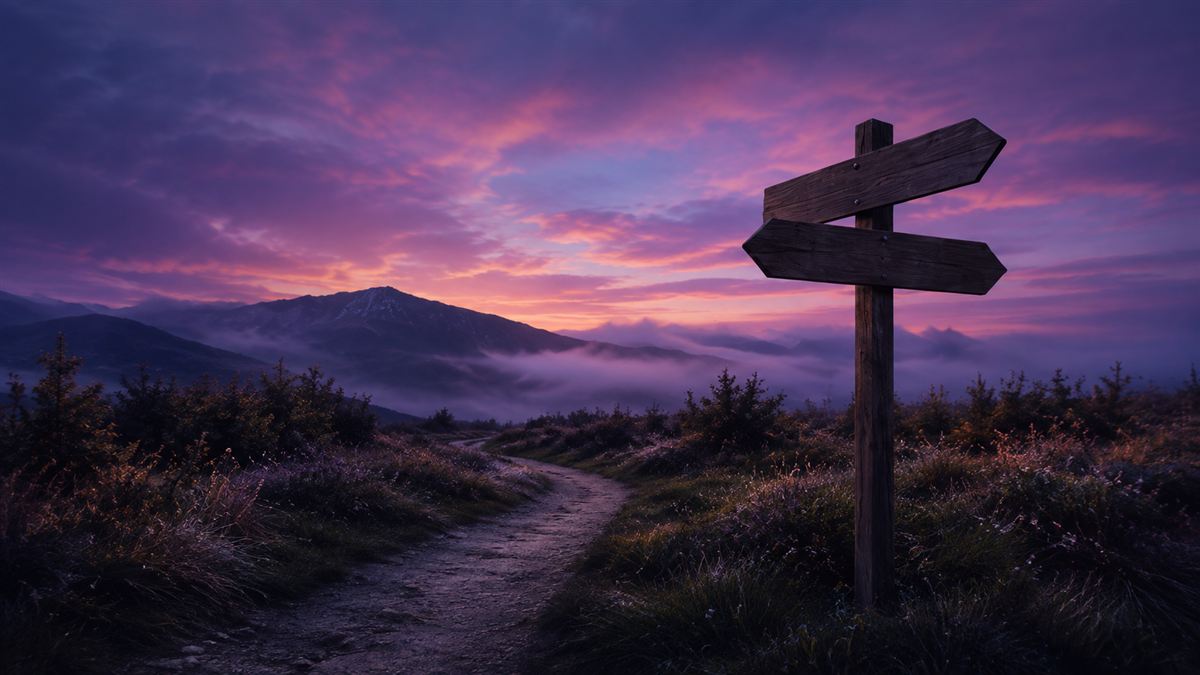 Un cruce de caminos al atardecer, con un letrero de madera señalando distintas direcciones.