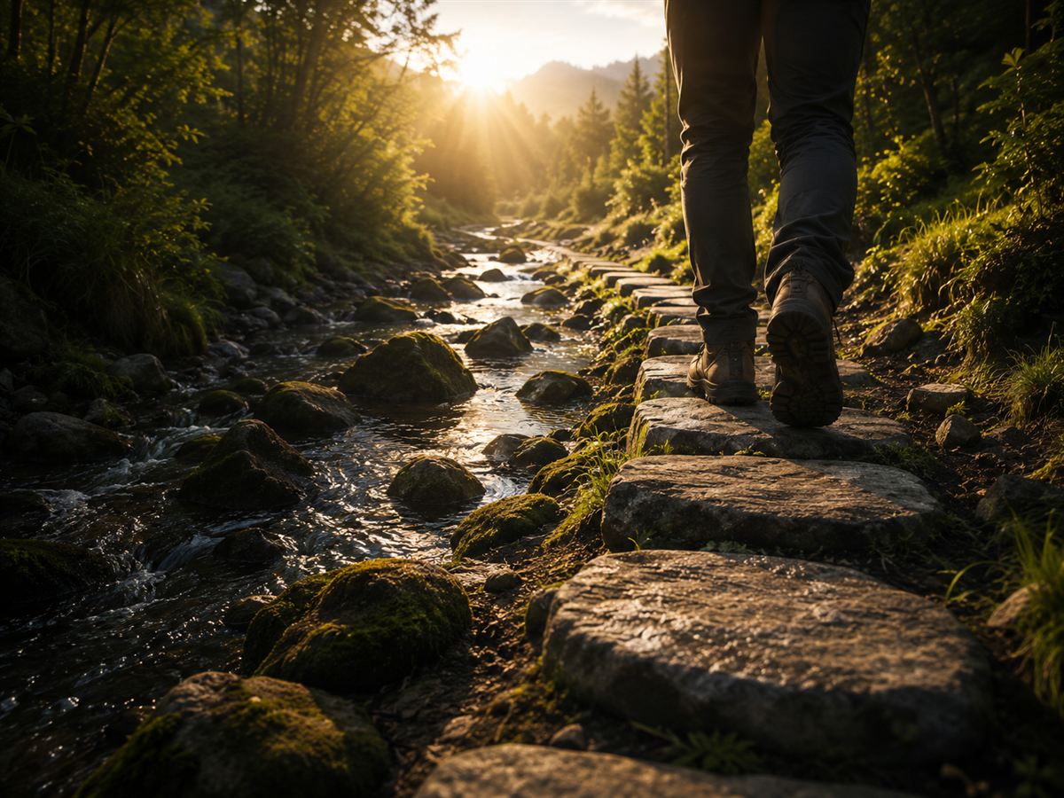 Pies caminando sobre piedras junto a un arroyo, con luz de sol entre los árboles.