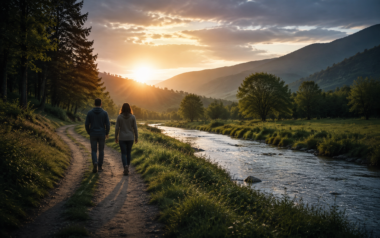 Dos personas caminando juntas junto a un río al amanecer