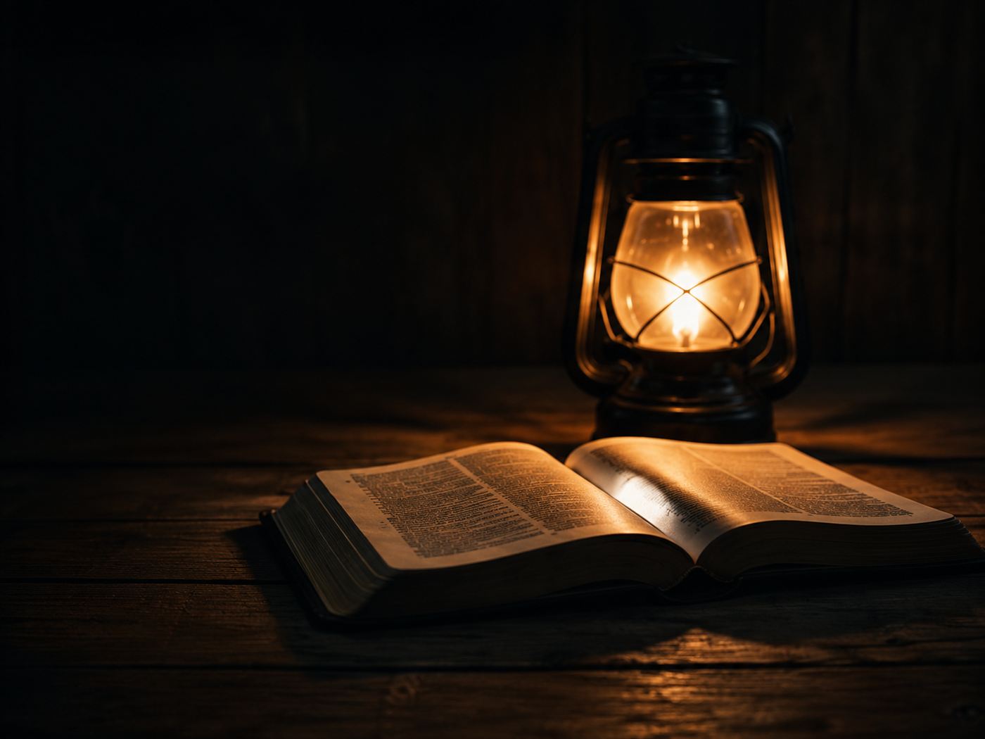 Una Biblia abierta iluminada por una lámpara de aceite, en la oscuridad.